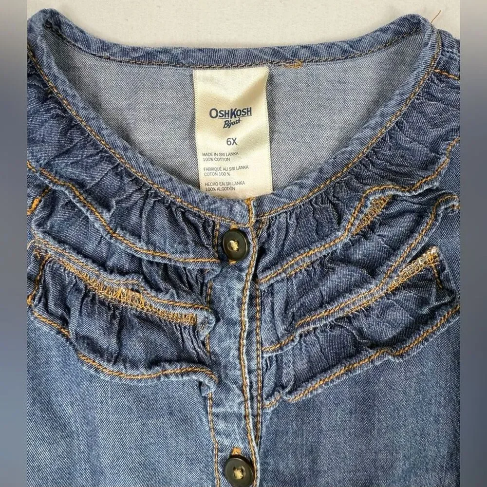 OSHKOSH B’GOSH Y2K Girls’ Chambray Denim A-Line Button Up Ruffle Collar Dress 6X